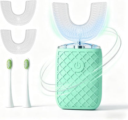 Sonic Electric U Shaped Toothbrush for Adults, Automatic Full Mouth Cleaning Toothbrush, 360° Stain Removal, IPX7 Waterproof Rechargeable, 3 U-Shape & 2 Straight Brush Heads (Green)