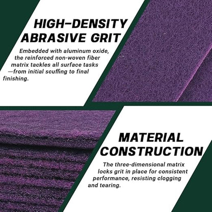 6" x 9" Purple Fine Scuff Pads, 10 Pack – Non-Woven Hand Pads for Fine Sanding, Smoothing, Scouring, Cleaning & Final Paint Surface Prep on Auto Body – Reusable Aluminum Oxide Abrasive Pads