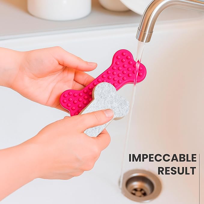 Vigar Pets Scrubber Sponge Set for Pet Bowls - Set of 4 Bone-Shaped Non-Scratch Dish Sponge for Dog & Cat Feeding Bowls, Double-Sided Reusable Scrub Sponges for Cleaning Dishes & Pet Plates - Gray