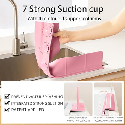 23" Ultra Silicone Sink Splash Guard Released in 2025/Dec,Self-Draining Water Splash Guard for Kitchen Sink,Bathroom and Island,with 3.5" High Splash Guard & 7 Strong Suction Cup (Pink)
