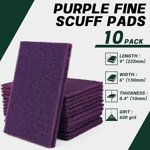 6" x 9" Purple Fine Scuff Pads, 10 Pack – Non-Woven Hand Pads for Fine Sanding, Smoothing, Scouring, Cleaning & Final Paint Surface Prep on Auto Body – Reusable Aluminum Oxide Abrasive Pads