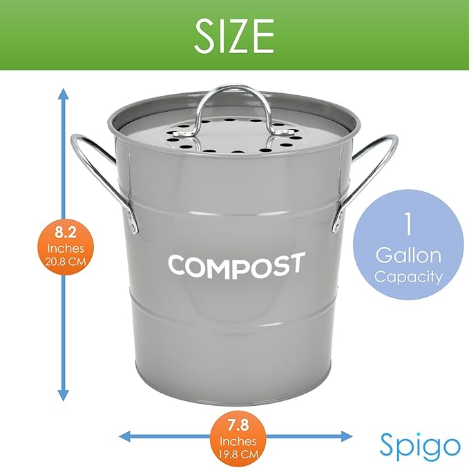 Indoor Kitchen Compost BIN, Great for Food Scraps, Includes Charcoal Filter for Odor Absorbing, Removable Clean Plastic Bucket, Handles, Durable Stainless Retro Design, 1 Gallon, Grey