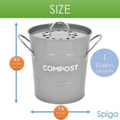 Indoor Kitchen Compost BIN, Great for Food Scraps, Includes Charcoal Filter for Odor Absorbing, Removable Clean Plastic Bucket, Handles, Durable Stainless Retro Design, 1 Gallon, Grey