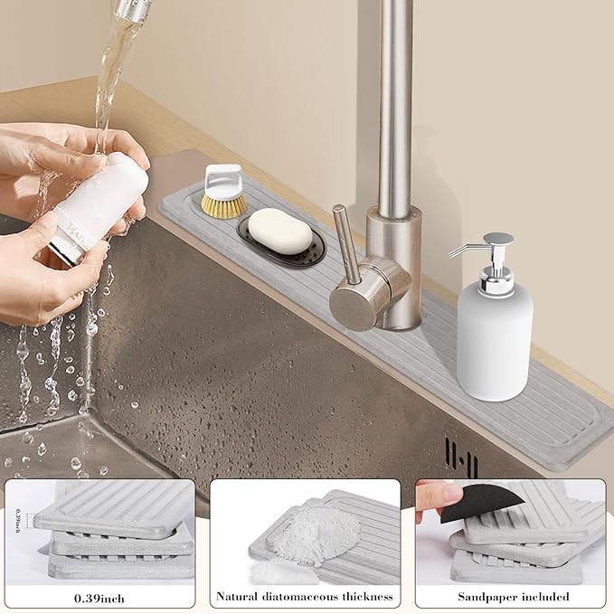 Stone Faucet Mat for Kitchen Sink, 15.7" Diatomite Drying Stone Mat Sink Protector Super Absorbent, Kitchen Sink Splash Guard, Sink Stone Quick Dry Around Faucet for Kitchen Bathroom Counter