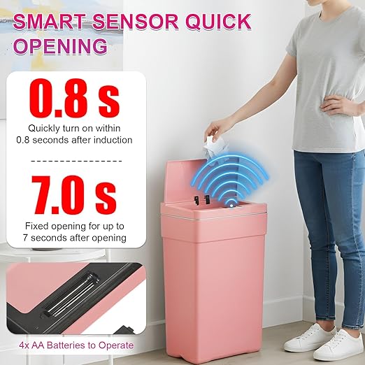 PayLessHere 13 Gallon 50 L Trash Can with Lid Plastic Kitchen Trash Bin Automatic Touch Free Motion Sensor Trash Can (4, Pink)