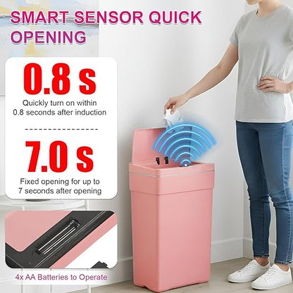 PayLessHere 13 Gallon 50 L Trash Can with Lid Plastic Kitchen Trash Bin Automatic Touch Free Motion Sensor Trash Can (3, Pink)