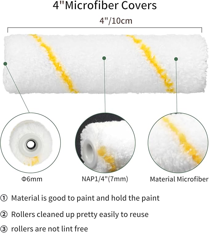 Voomey Paint Roller Covers 4 Inch，1/3" Nap Mini Roller Covers，Roller Covers for Painting，Home Painting Supplies，Pack of 48.