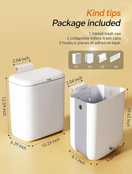 Wall Mounted Kitchen Compost Bin with Lid, Hanging Trash Can for Cabinet Door, White Plastic Food Scrap Bin for Kitchen Counter and Under Sink, 2.3 Gal Bin with 2 Pack 2 Gal Folding Hanging Trash Cans