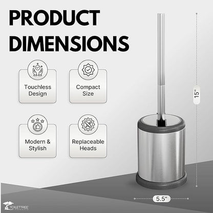 ToiletTree Products Toilet Brush with Lid - Sleek Toilet Bowl Brush and Holder - Toilet Scrubber Brush Set with Heavy-Weight Base - Lidded Toilet Bowl Cleaner Brush and Holder - Chrome