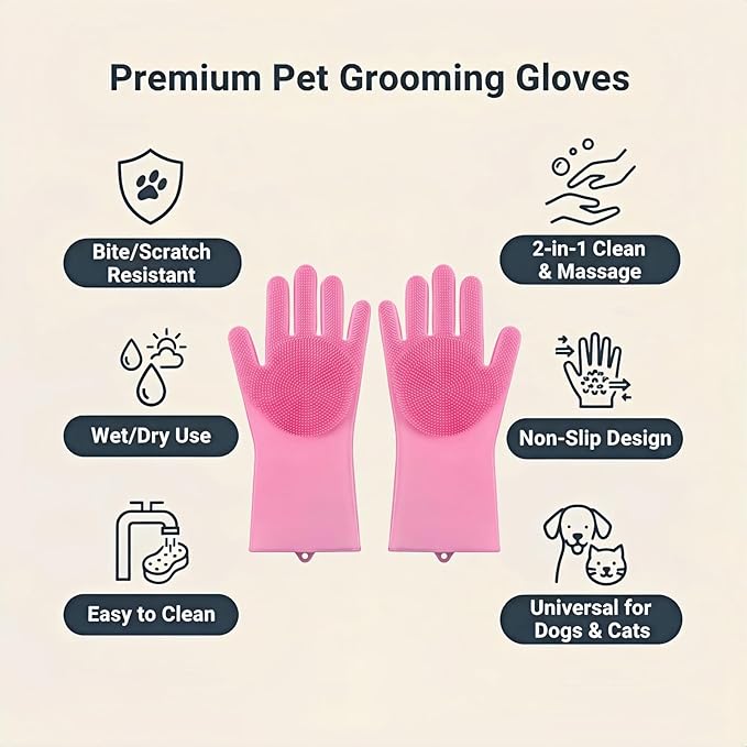 Silicone Dog Grooming Glove for Dogs and Cats, Enhanced Five-Finger Fit, Non-Slip & Extended Cuff, Dual-Sided Pet Bath Brush for Washing, Massage & Deep Cleaning 1 Pair