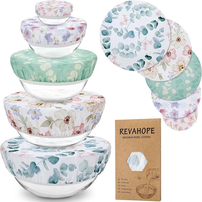 5-Size Reusable Beeswax Elastic Bowl Covers for Bread Proofing, Cotton Cloth Flexible Beeswax Wraps for Sourdough Cover and Food Storage Shower Caps for Sourdough Bread