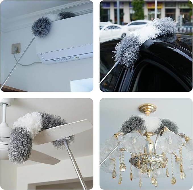 Microfiber Feather Duster, 110 Inch Extendable Telescoping Pole Duster with Bendable Washable Head, Long Handle Cleaning Duster for Ceiling Fan, High Ceiling, Blinds, Furniture and Cars (2 Pcs)