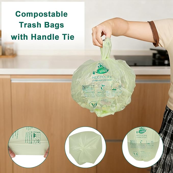 HECTOLIFE 1.6 Gallon 300 Count,Compostable Bags Handle Tie,Tear Resistant Kitchen Food Scrap Waste Bag, ASTM D6400, US BPI and Europe OK Compost Home Certified
