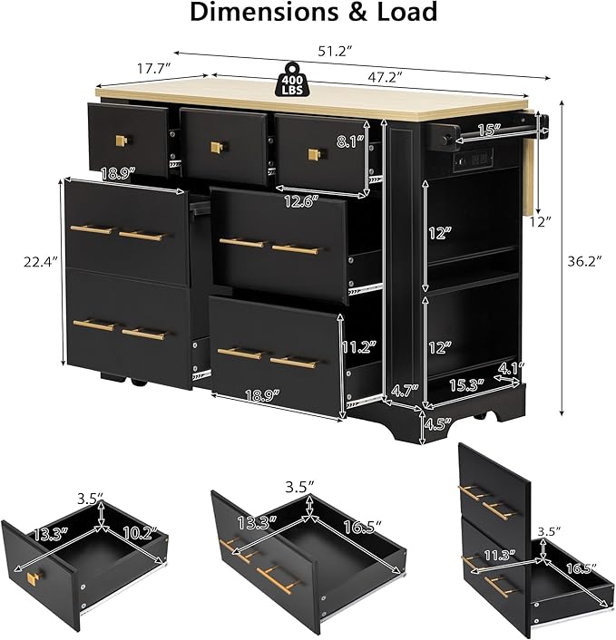 51.2" Kitchen Island with 6 Drawers, Pull Out Trash Can Storage, Rolling Kitchen Island on 5 Wheels with Drop Leaf, Power Outlet, 5 Open Side Racks for Kitchen, Dining Room, Black