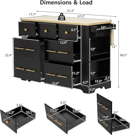 51.2" Kitchen Island with 6 Drawers, Pull Out Trash Can Storage, Rolling Kitchen Island on 5 Wheels with Drop Leaf, Power Outlet, 5 Open Side Racks for Kitchen, Dining Room, Black