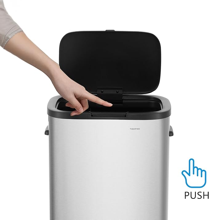 happimess HPM1017A Tammi Kitchen 14.5-Gallon Slim Metal Push Button Trash Can, Fingerprint Resistant, Modern, Minimalistic for Home, Kitchen, Laundry Room, Office, Bedroom, Bathroom, Platinum Silver