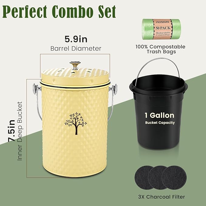 AOSION Countertop Compost Bin Kitchen,Odor Resistant Indoor Compost Bin with Lid and 50 Compost Bags,Compost Bucket Composter Container for Food Waste,Yellow,1.0 Gallon