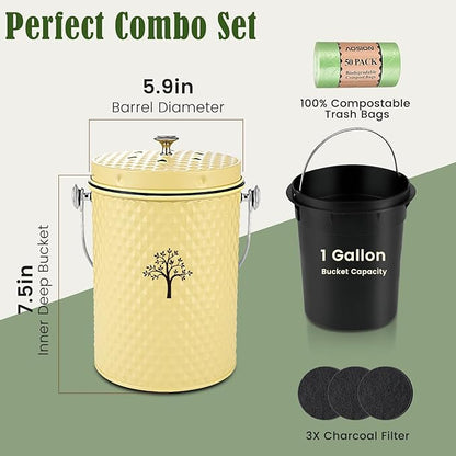 AOSION Countertop Compost Bin Kitchen,Odor Resistant Indoor Compost Bin with Lid and 50 Compost Bags,Compost Bucket Composter Container for Food Waste,Yellow,1.0 Gallon