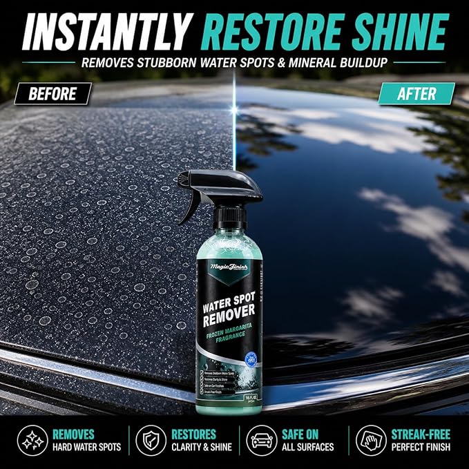 Magic Finish Water Spot Remover for Cars – Professional Hard Water Stain & Mineral Deposit Remover for Paint, Chrome & Wheels – Restores Shine & Gloss – Frozen Margarita Scent – 16oz