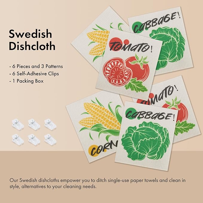 Swedish Dishcloths for Kitchen, 6 Pack Vegetable Swedish Dish Towels with Clips, Reusable Paper Towels Washable Non-Scratch Super Absorbent Cellulose Sponge Cloths, Biodegradable No Odor