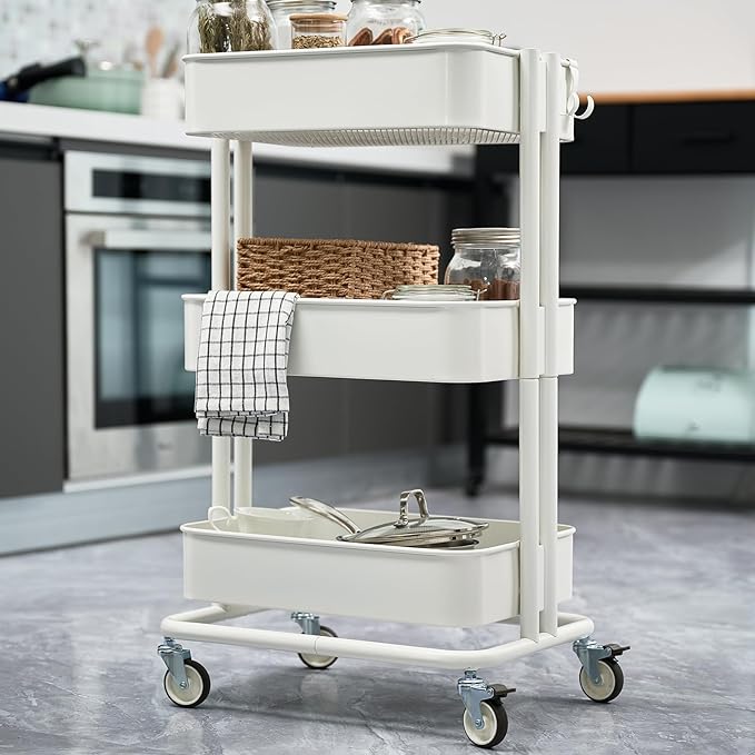 3 Tier Rolling Cart Metal Heavy Duty Utility Cart with Silent Caster Lockable Wheels Multi-Functional Organization Carts Storage Trolley with Mesh Shelves for Office Kitchen Living Room white