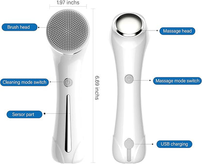 Facial Cleansing Brush, 2 in 1 Ｗaterproof IPx7 Facial Spin Scrubber Set with 4 Brush Heads, Rechargeable Exfoliating Face Brush Deep Cleansing, Gently Exfoliate and Remove Blackhead (White)