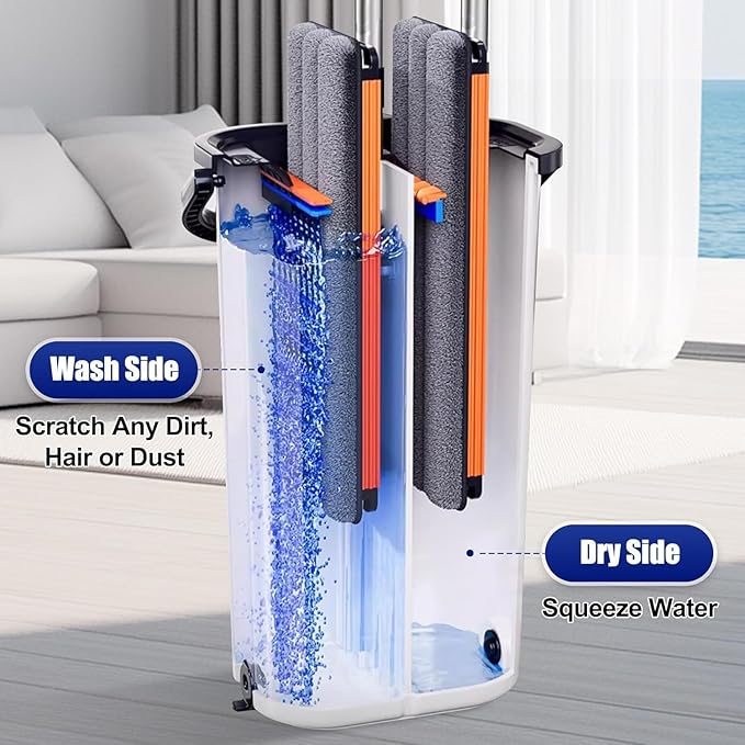 Easy Wring Washable Mop Bucket Set, Household, Durable Sturdy Aluminum Flat Mop Head with 8 Reusable MicrofibeDual Chamber Design, Dry and Wet Use Suitable for All Floors 16 Inch