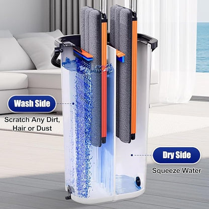 Easy Wring Washable Mop Bucket Set, Household, Durable Sturdy Aluminum Flat Mop Head with 8 Reusable MicrofibeDual Chamber Design, Dry and Wet Use Suitable for All Floors 16 Inch