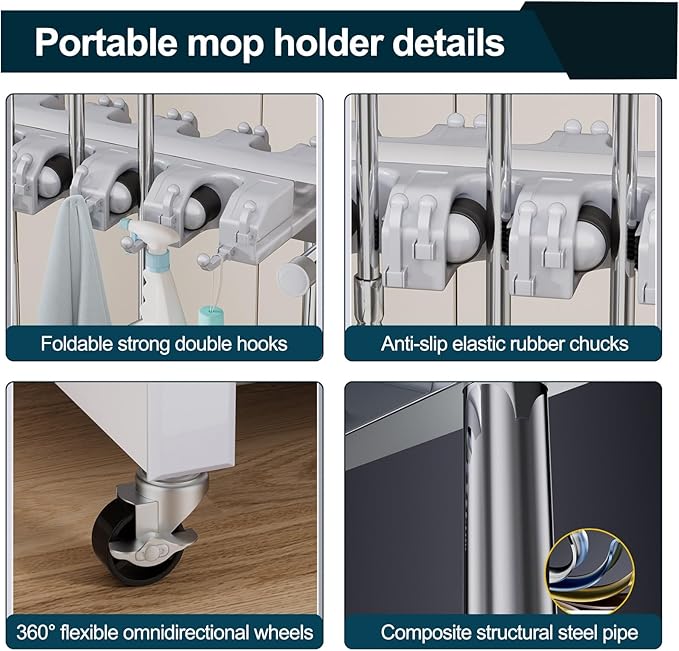 SARKEY Mobile Broom Mop Holder,Mop Broom Organizer With Wheels,Freestanding Cleaning Tool Holder For Home,Drip Tray,Top Hanging Hooks,For Garage,Garden,Schools,Hotels(97x50x185cm(38x20x73in))
