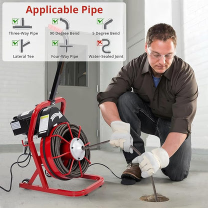 Drain Cleaner Machine 75FT x 1/2 Inch, Powerful Plumbing Auger with 4 Cutter Heads, Air-Activated Foot Switch, Gloves, Portable Sewer Snake for 1"-4" Pipes, Ideal for Bathroom and Kitchen Clogs