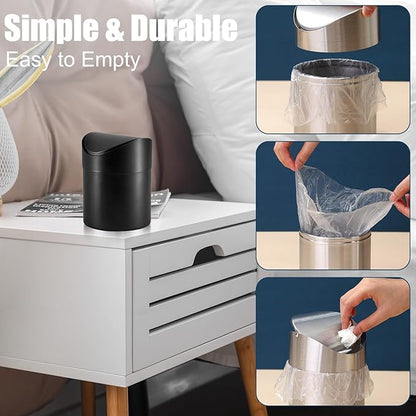 2 Pcs Desk Trash Can with Swing Lids, 12 Rolls of Trash Bags, 2L Brushed Stainless Steel Countertop Garbage Bin Small Wastebasket with Lid for Office Desk, Coffee Table (Black)