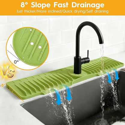 16" Silicone Faucet Mat for Kitchen Sink Released in 2026,8° Slope Fast Self-draining-Kitchen Sink Splash Guard,Bathroom Kitchen Sink Area Water Splash Guard Behind Faucet Draining Mat(Green)