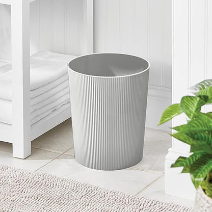 iDesign Small Round Plastic Bathroom Trash Can - Fluted Trash Can for Bathroom, Bedroom, or Office - Gray