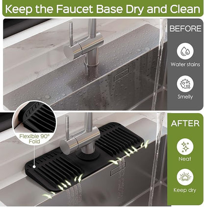 15 Inch Silicone Faucet Mat for Kitchen Sink Splash Guard – 2025 Upgraded Draining Mat with Water Tray Behind Faucet – Countertop Protectors to Catch Spills (Black, 14.6" x 5.5")