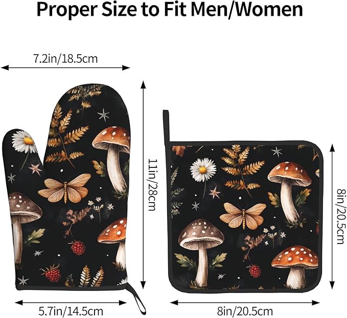Mushroom Oven Mitts Set – Vintage Pot Holders Kitchen Gloves for Women Farmhouse Kitchen Mitts Floral Herb Potholders Set of 2 Durable for Cooking Baking