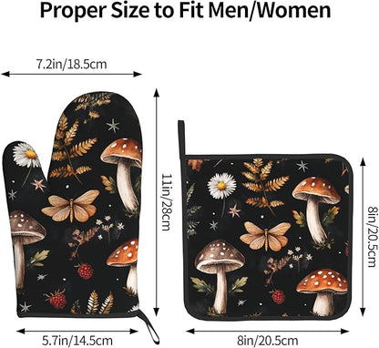 Mushroom Oven Mitts Set – Vintage Pot Holders Kitchen Gloves for Women Farmhouse Kitchen Mitts Floral Herb Potholders Set of 2 Durable for Cooking Baking