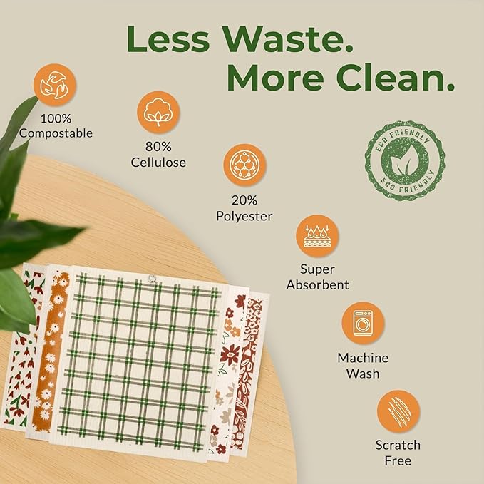 Swedish Dishcloths, 8-Pack Plant-Based Cellulose, 6.7x7.5 Inch, Super Absorbent, Rust, Green, Burgundy, Machine Washable