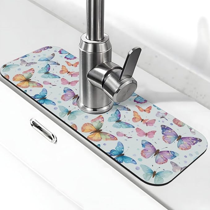 Butterfly Butterflies Kitchen Sink Splash Guard Faucet Mat Super Absorbent Fast Drying Mat Sink Gadgets-Fast Drying Pad Sink Mat For Kitchen Bathroom (15" X 5.5" )