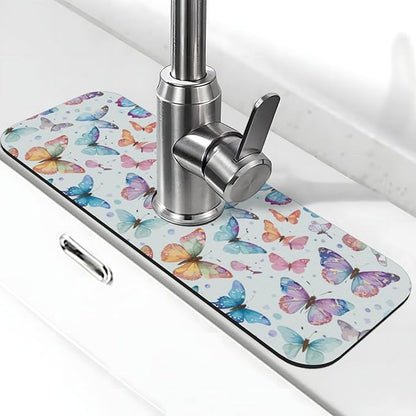 Butterfly Butterflies Kitchen Sink Splash Guard Faucet Mat Super Absorbent Fast Drying Mat Sink Gadgets-Fast Drying Pad Sink Mat For Kitchen Bathroom (15" X 5.5" )