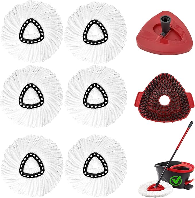 8Pcs Spin Mop Replacement Heads,Mop Replace Head Compatible with Ocedar Easywring 1-Tank System,Machine Washable & Easy to Replace.Including 6 Spin mop Replacement Heads, 1 Brush Head and 1 Base