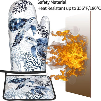 Coastal Oven Mitts and Pot Holders Sets of 2 Summer Kitchen Mitts Blue Sea Turtle Hot Pads for Cooking Baking Grilling