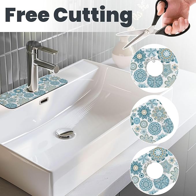 Mandala Boho Blue Flower 15" X 5.5" Kitchen Sink Splash Guard Faucet Faucet Guard Draining Mat Sink Splash Guard Faucet Kitchen Bathroom