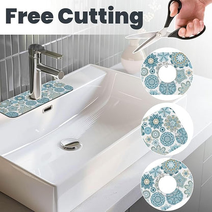 Mandala Boho Blue Flower 15" X 5.5" Kitchen Sink Splash Guard Faucet Faucet Guard Draining Mat Sink Splash Guard Faucet Kitchen Bathroom