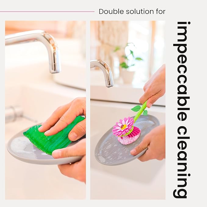 Vigar Flower Power 3-in-1 Kitchen Sink Caddy Set, Flower-Shaped Dish Brush, Sponge, Fence-shaped Holder and Suction Cup, Ideal Sink Organizer, Pink