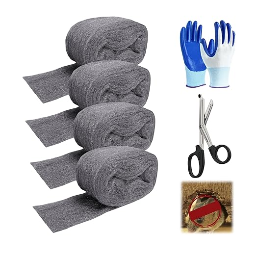 Steel Wool Mice Control - 4 Pack 3'' x 11Ft Steel Wool 0000 - Fine SteelWool Included Work Gloves & Scissors - Mouse Wall Hole Filler for Home, Garden & Garage