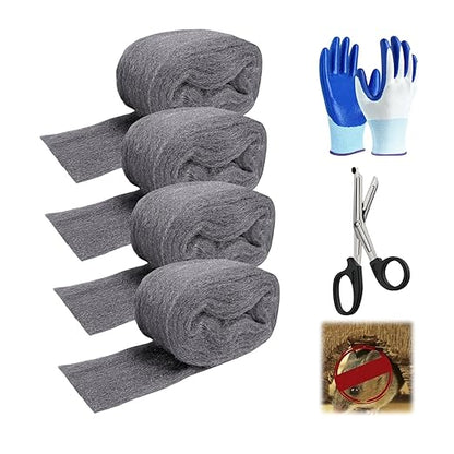 Steel Wool Mice Control - 4 Pack 3'' x 11Ft Steel Wool 0000 - Fine SteelWool Included Work Gloves & Scissors - Mouse Wall Hole Filler for Home, Garden & Garage