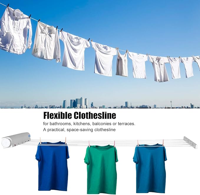 OUKENS Retractable Clothesline, Automatic 5 Ropes Telescopic Indoor Outdoor Wall Mounted Drying Rack with Hook, Expandable up to 12.3 ft, Punch Installation