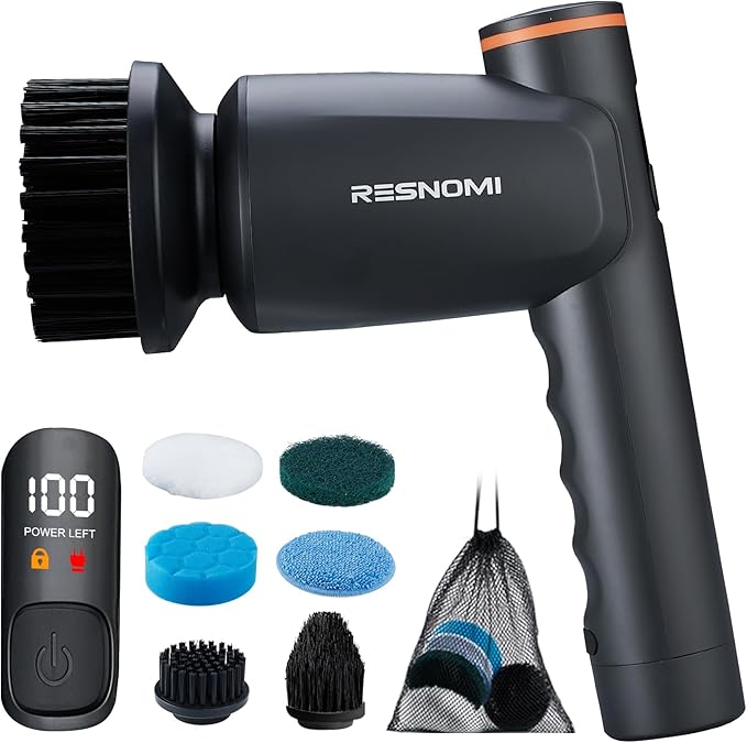 Electric Spin Scrubber,Cordless Shower Scrubber with LCD Display,2 Speeds Electric Scrubber with 6 Replaceable Heads,Handheld Cleaning Brush for Kitchen/Bathroom/Tile/Tub(Gray-Black)