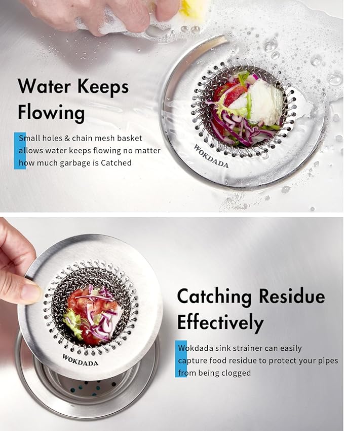 WOKDADA Upgraded Kitchen Sink Drain Strainer, Patented Reversible Kitchen Sink Strainer, 304 Stainless Steel Sink Strainer Basket, Anti-Clogging & Handmade, Fit US Standard 3-1/2'' Sink Hole