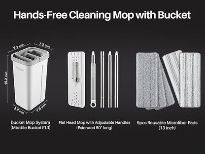 JOYMOOP Mop and Bucket with Wringer Set, Hands Free Flat Floor Mop and Bucket, with 5 Washable Microfiber Pads, Wet and Dry Use, Floor Cleaning System